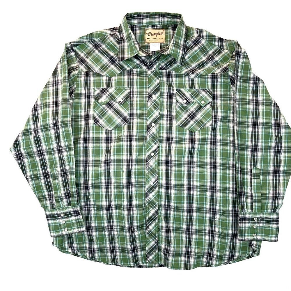 Wrangler Western Fashion Snap Shirt Mens Size XXL Vintage Long Sleeve Green Gray